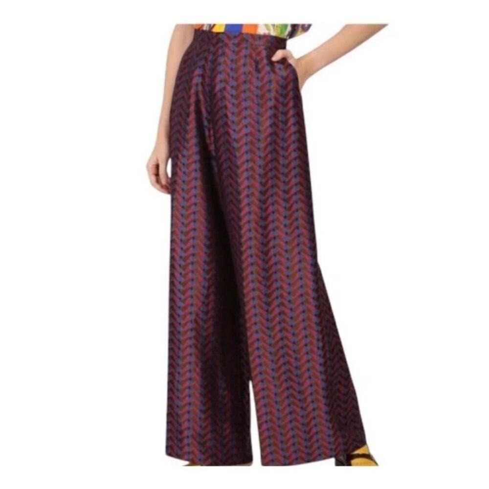Etro Red and Blue Wide Leg Pants metallic jacquard Geometric 38 - Picture 7 of 12